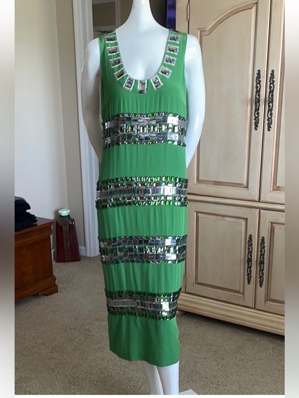 Tory Burch Vintage Rare Embellished Midi Sheath Dress Green Silver Jewels 6 NWOT